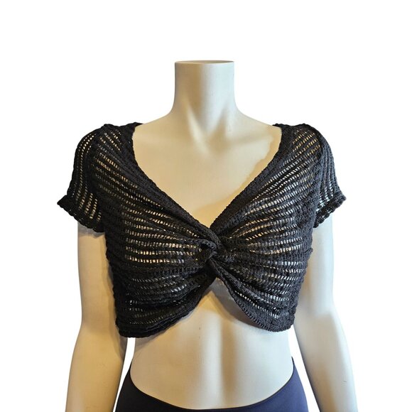 Ocean Pacific Womens Black Crochet Knit Boho Semi Sheer Crop Top Size Large - Picture 1 of 7